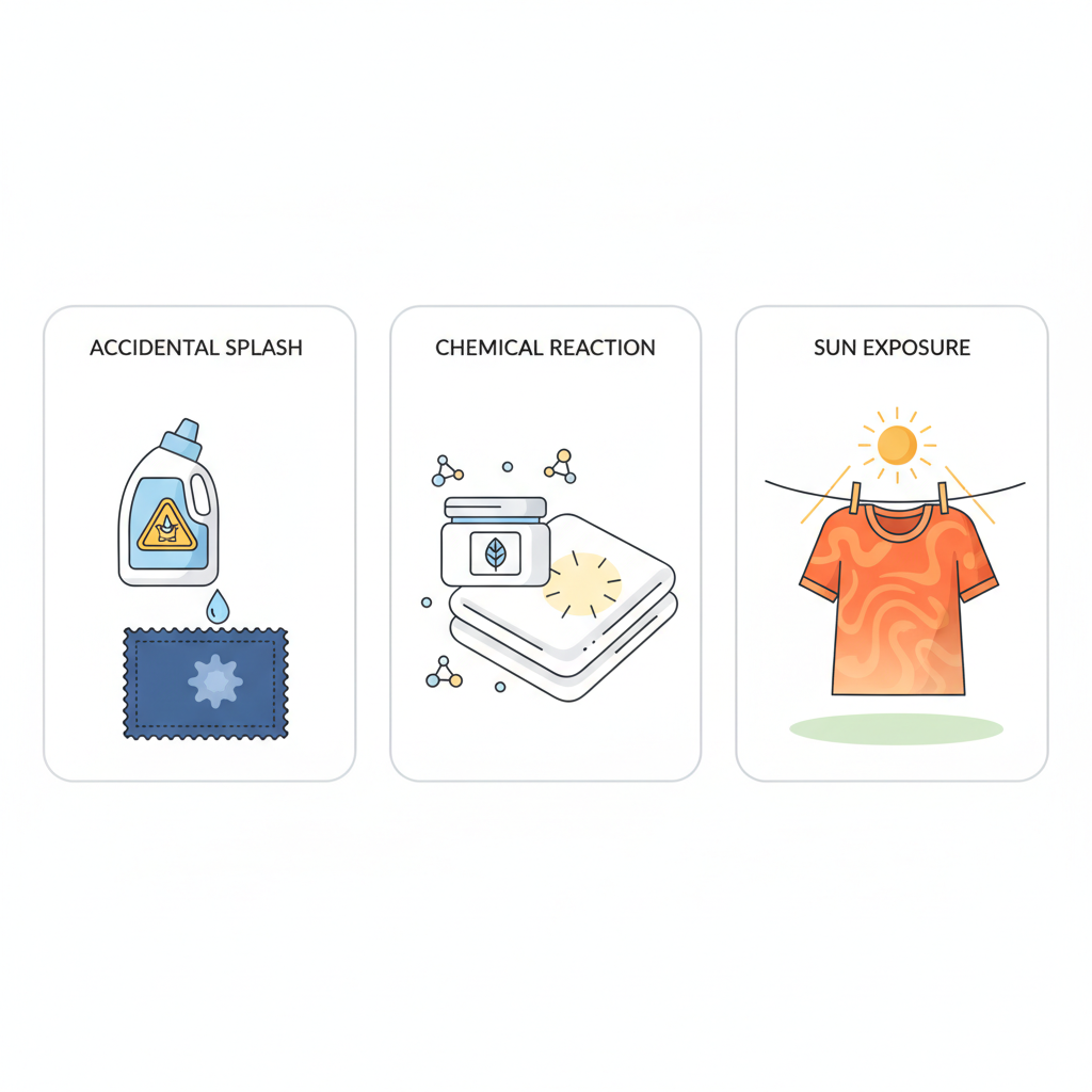 An infographic-style illustration showcasing three distinct, visually separated scenarios that commonly cause bleach stains. The first panel depicts a generic bottle of cleaning product with an implied 'bleach' warning icon, accidentally splashing a small drop onto a piece of dark fabric. The second panel shows a tube or jar of a generic skin cream near a small, faded spot on a light towel, representing chemical reactions. The third panel illustrates a vibrant piece of clothing hanging on a clothesline under a strong, beaming sun, with a subtle gradient of fading visible on the fabric. Each scene uses clear, simple iconography and a clean, modern aesthetic.
