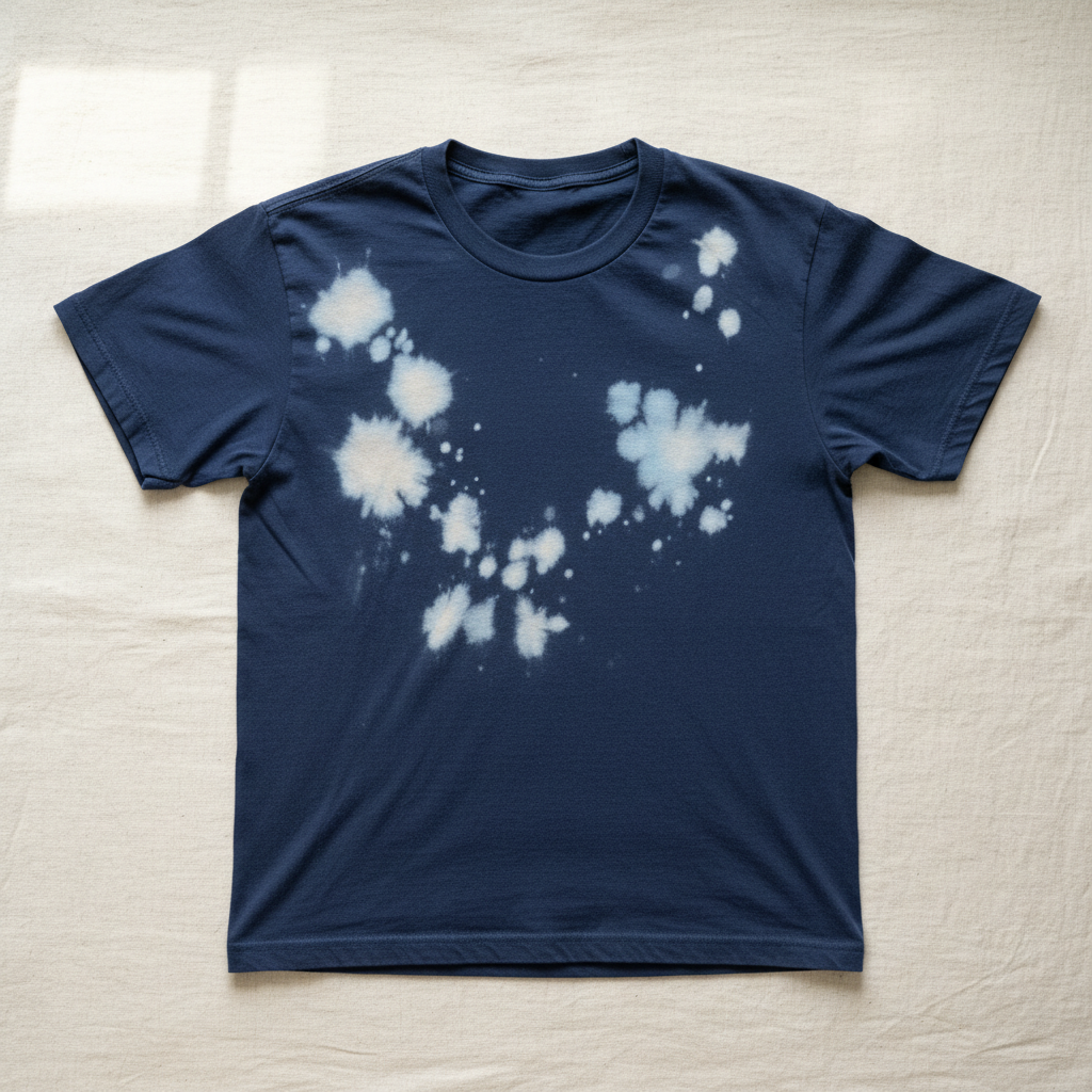 A close-up, professional photo of a dark blue or dark green t-shirt lying flat, clearly displaying several irregular, lighter, almost white bleach stains scattered across its surface. The fabric should show visible texture. The lighting should be soft but highlight the contrast between the original fabric color and the discolored areas, emphasizing the damage. The background should be a neutral, light surface, creating a clean, blog-friendly aesthetic. The overall mood should be informative, illustrating the common problem of bleach spots on clothing.