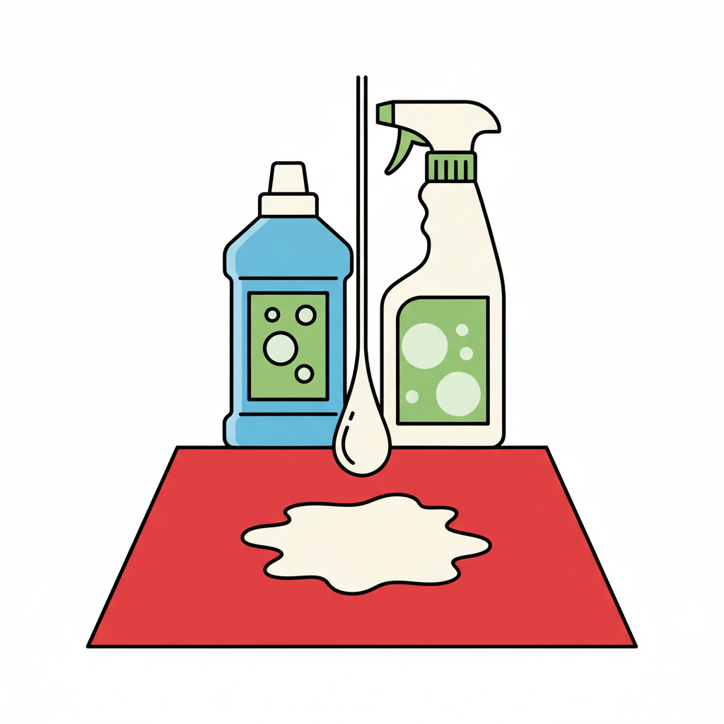 A stylized flat illustration depicting the concept of chemical reactions causing bleach stains. In the foreground, a vibrant red fabric swatch is shown with a small, stylized droplet of a clear liquid falling onto it, creating a pale, bleached spot upon impact. In the background, subtly blurred or smaller, are generic representations of common household cleaning products like a washing detergent bottle and a spray bottle, suggesting the source of such chemicals. The color palette should be bright and clean, with crisp lines, conveying a clear explanation.