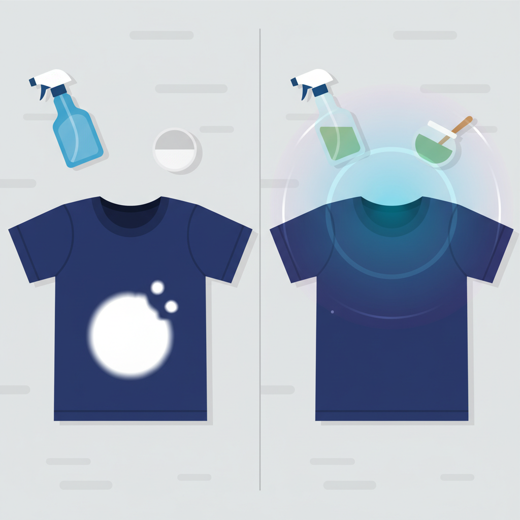 A flat illustration depicting a common household scenario. On the left, a vibrant colored t-shirt (e.g., navy blue) lies on a surface, prominently displaying a stark white, circular bleach stain. On the right side, the same t-shirt appears, but the bleach stain is visibly faded or completely gone, replaced by a subtle, glowing aura or a gentle graphic symbolizing neutralization and color restoration. In the background, hints of common cleaning items like a spray bottle or a small bowl are visible, subtly suggesting the process without being overly explicit. The overall style should be clean, modern, and friendly, emphasizing problem and solution.