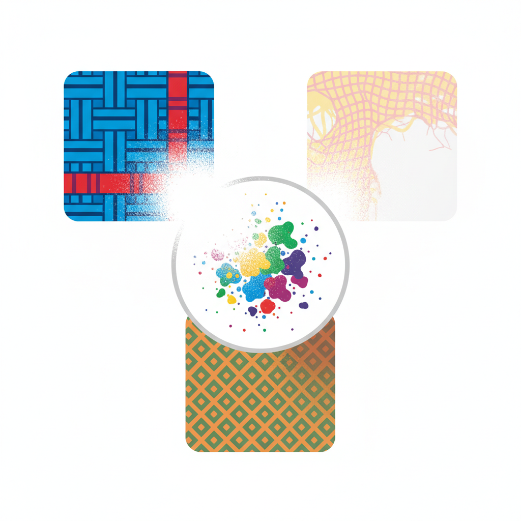 An infographic-style illustration visualizing the chemical impact of bleach on different materials. The central element shows a magnified view of vibrant color pigments (represented as colorful, abstract particles or molecules) being 'attacked' or decolorized by a wave of white, destructive energy symbolizing bleach. Around this central interaction, multiple smaller panels or sections depict various fabric swatches – one clearly showing robust, intact fibers (e.g., cotton), another with delicate, damaged fibers (e.g., wool or silk), and a third with synthetic fibers showing a different type of discoloration. Each material swatch visually conveys its susceptibility to the bleach, with varying degrees of pigment destruction, all in a clean, modern, and educational aesthetic.