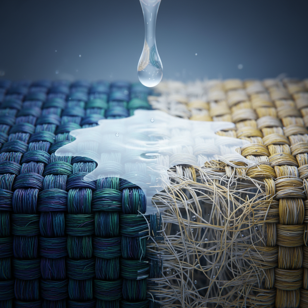 A highly detailed, macro-style digital illustration showing a magnified view of fabric fibers. On one side, the fibers are vibrant, strong, and intertwined. As an abstract, slightly glowing drop (representing bleach) lands on them, the fibers on the other side appear weakened, frayed, and subtly discolored, showing signs of chemical damage. The liquid spreads gently, illustrating its destructive effect on the textile structure. The overall impression should be a scientific yet visually dramatic depiction of chemical interaction with fabric, suitable for a blog post.