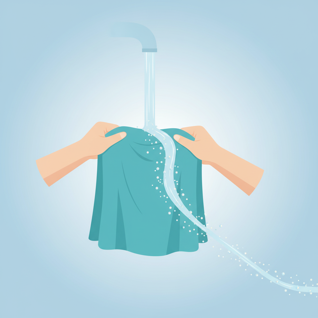 A clean, minimalist flat illustration depicting a pair of hands gently rinsing a colored garment under a stream of clear, flowing water. Small, abstract, slightly iridescent specks (representing bleach residue) are visibly detaching from the fabric and flowing away with the water, symbolizing thorough removal. The background is simple and bright, emphasizing the act of purification and the restoration of the garment's integrity. The overall atmosphere is one of care and effectiveness in a blog-friendly style.