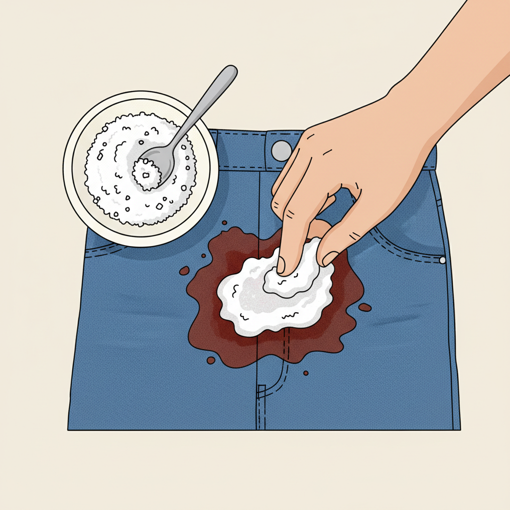 A bright, clean flat illustration depicting a patch of blue denim jeans with a noticeable, dried blood stain. On one side, a small bowl contains a white, granular substance (salt), and a spoon. A hand is gently spreading a thick, white paste (salt mixed with water) directly onto the blood stain on the jeans. The overall style should be simple, clear, and focused on demonstrating the application of the home remedy. The background is clean and uncluttered.