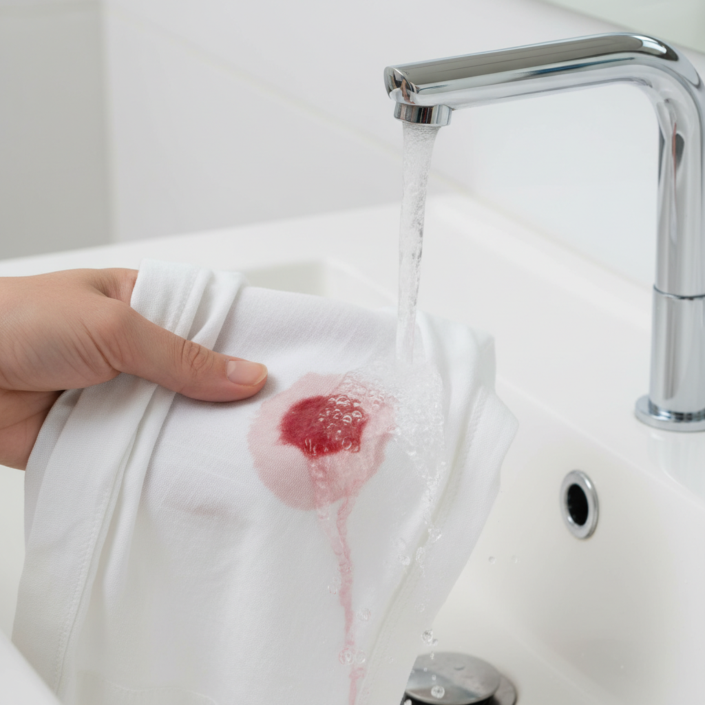 A close-up, slightly elevated shot of a white bed sheet with a small, fresh, reddish bloodstain. A hand (gender-neutral) is gently rinsing the stained area under a steady stream of cold, clear water from a modern faucet, with water droplets splashing softly. The background is softly blurred, hinting at a clean, well-lit bathroom or laundry room sink. The image should convey a sense of immediate, effective action. Professional photo style, with a crisp focus on the interaction between water, hand, and fabric, emphasizing the freshness of the stain and the cold water.