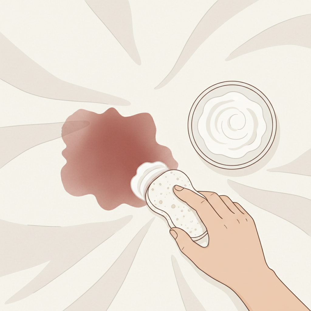 An overhead view of a section of slightly wrinkled white bed linen featuring a noticeable, reddish-brown bloodstain. Beside the stain, a small, simple ceramic bowl holds a white, pasty mixture (suggesting salt or cornstarch paste). A clean, white cloth or sponge is shown in the process of gently dabbing the paste onto the bloodstain. The overall scene should be clean and practical, illustrating a home remedy application. Flat illustration style with clean lines and a soft, muted color palette, highlighting the contrast between the stain, the white fabric, and the cleaning paste.