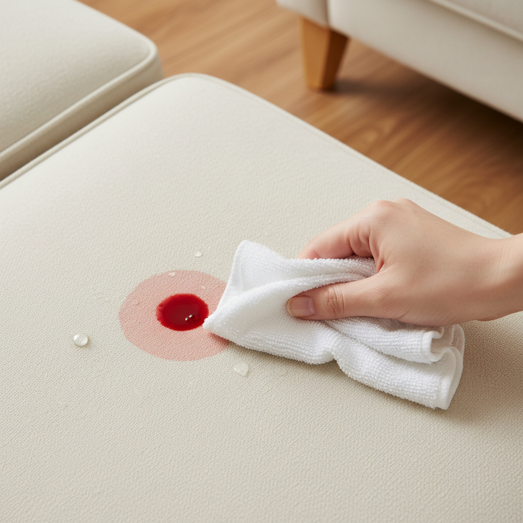 A close-up, top-down view of a light-colored fabric couch cushion with a fresh, small bloodstain. A hand, gently holding a clean, white, absorbent cloth, is dabbing the stain from the outside in. Water droplets are visible on the cloth, suggesting cold water application. The scene should convey urgency and gentle care, highlighting the immediate action. The background is slightly blurred, focusing on the process. Style: Professional, clean product photography with a slightly soft focus.