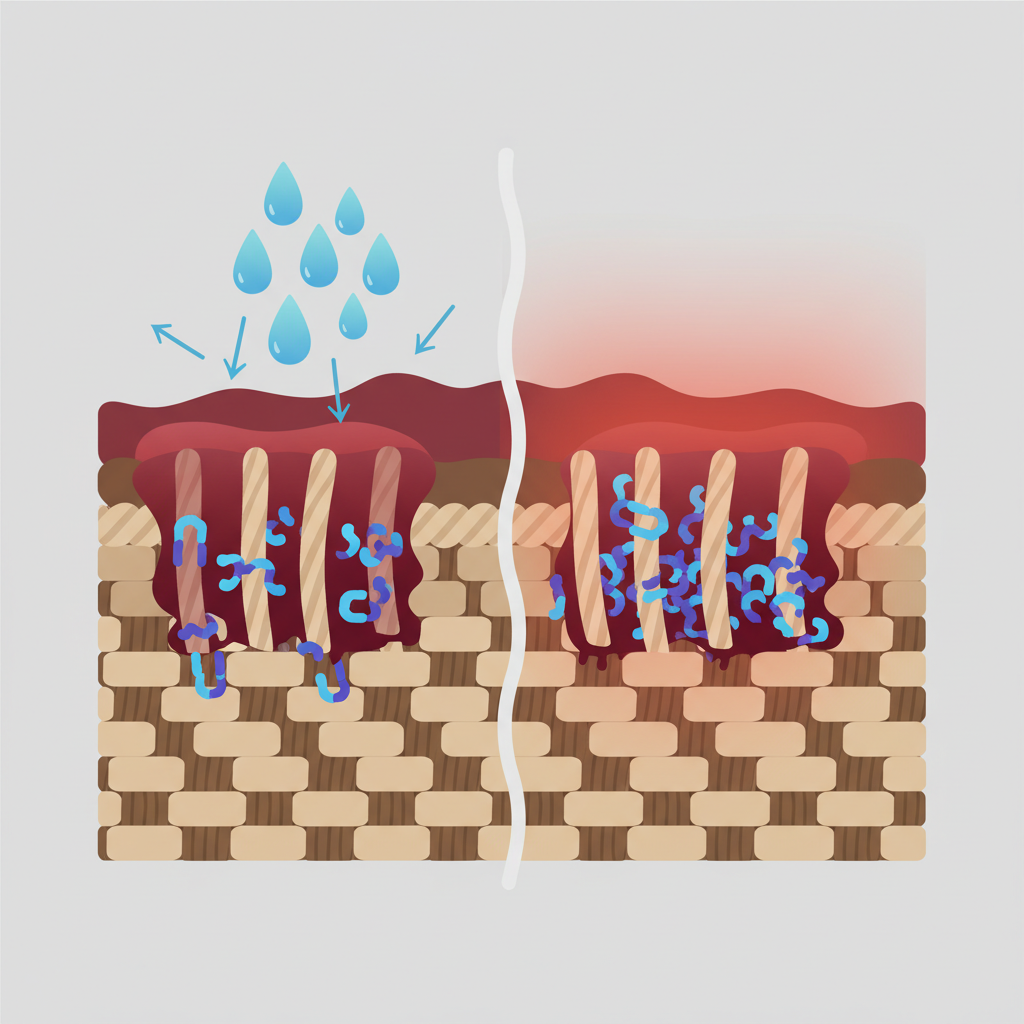 A stylized flat illustration depicting a cross-section of couch fabric fibers. On one side, a blob of blood is shown interacting with the fibers, with small protein molecules (abstracted shapes) seemingly 'locking' into the fabric. Above this, a symbol of cold water (e.g., stylized blue droplets) is shown, implying its action to prevent this locking. On the other side, a subtle, warm-toned haze or red effect represents heat, showing the proteins becoming more entangled and fixed within the fibers. The overall aesthetic is clean and informative, explaining the science simply. Style: Flat illustration with subtle gradients, infographic style, clean lines.