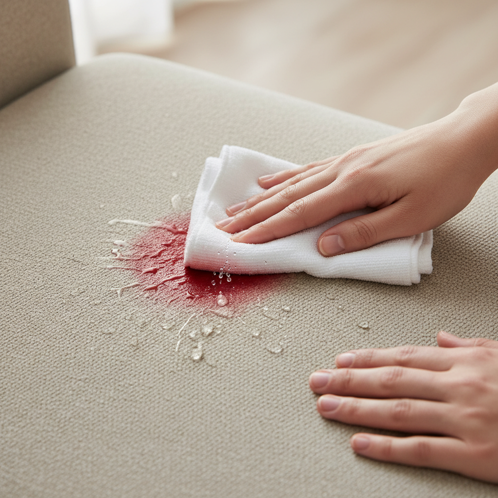 Close-up of a light-colored fabric couch (e.g., beige, light grey) with a small, fresh red bloodstain. A person's hands are carefully dabbing the stain with a clean, white microfibre cloth. Drops of clear, cold water are visibly transferring from the cloth to the stained area, with the blood beginning to lift. The scene emphasizes gentle, immediate action and the use of cold water, showcasing a sense of careful attention and effective initial treatment. Professional, realistic photo with soft, natural lighting.