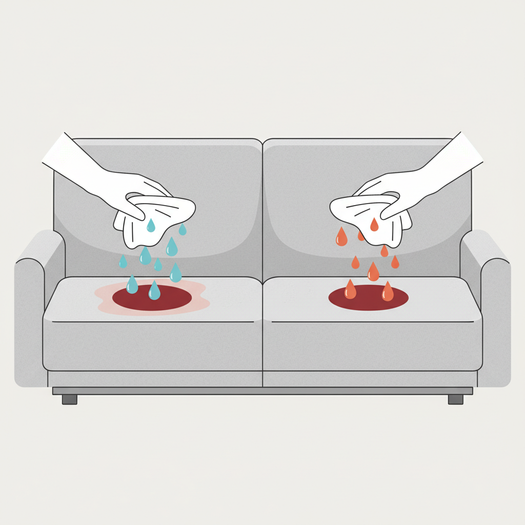 A clean, modern flat illustration depicting a subtle contrast. On the left side of a split view, a section of a textured fabric couch displays a fresh bloodstain. A hand gently dabs the stain with a clean cloth, from which clear, cool blue water droplets fall, making the stain visibly lighten and disperse. On the right side, the same couch section and bloodstain are shown, but a cloth from which warm, reddish-orange water droplets fall is being used, and the stain appears to be slightly darker or more set into the fibers, subtly conveying an incorrect action.