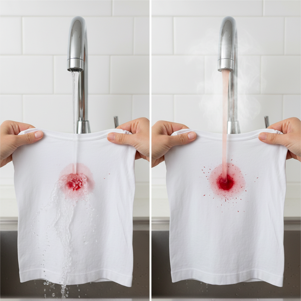 A professional, brightly lit photo showing a split-screen scenario. On the left side, a pristine white t-shirt with a fresh, small blood stain is being held under a stream of clear, cold water from a modern kitchen faucet. Water droplets are splashing gently, and the stain appears to be visibly diluting and washing away. On the right side, the same white t-shirt with a similar blood stain is being held under a stream of hot, steamy water from a similar faucet. The stain on the right looks more vibrant red and appears to be slightly setting into the fabric, with the steam visibly rising. The overall mood is informative and crisp.