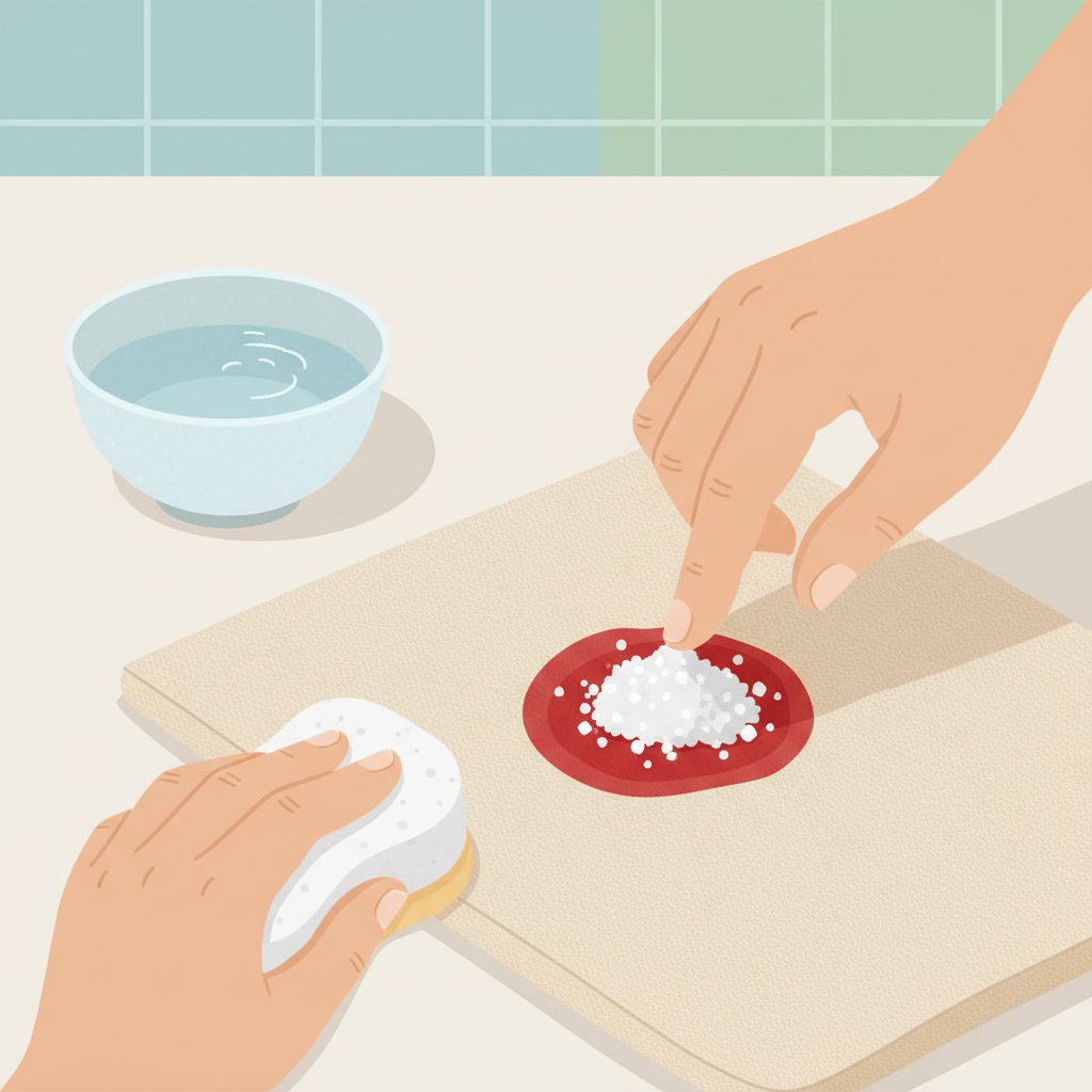 A vibrant, clean flat illustration depicting a close-up of a hand gently pressing a small pile of white salt onto a fresh, visible blood stain on a light-colored fabric. A small bowl of cold water is nearby, and a soft cloth or sponge is poised, ready for gentle dabbing. The background is uncluttered, suggesting a home environment like a laundry room or bathroom counter. The overall composition should convey a sense of gentle care and effective cleaning, using soft, inviting colors. Emphasize the distinct texture of the salt crystals against the fabric.