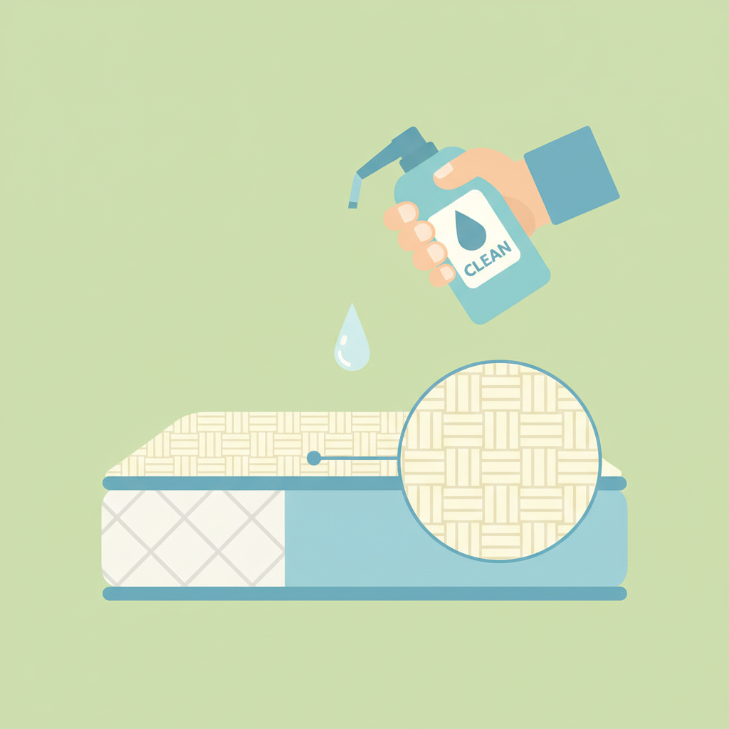 An infographic-style flat illustration depicting the crucial step of testing a cleaning agent. A hand, coming from the top right, holds a generic bottle of cleaning solution, with a single drop falling onto an inconspicuous corner of a mattress. A small, magnified circular inset box next to this corner shows a neutral, undamaged mattress texture, indicating a successful test. The mattress itself should feature subtle visual cues of different material types (e.g., a slightly different pattern on one edge suggesting memory foam versus cotton) to imply the importance of checking material compatibility. The overall aesthetic is clean, clear, and uses a friendly, informative color palette, suitable for a step-by-step guide.