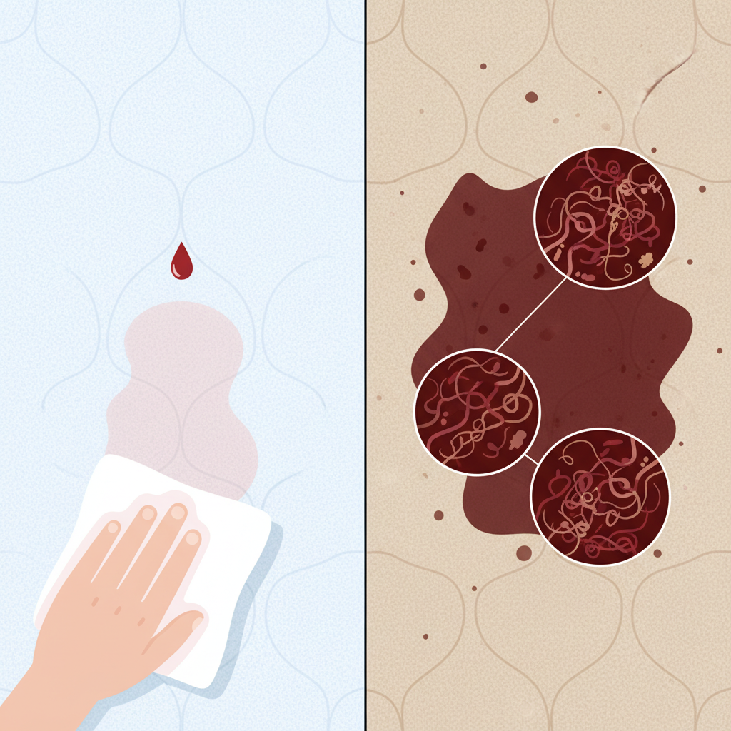 A conceptual illustration depicting the urgency of addressing blood stains on a mattress. On one side, a fresh, small blood droplet is quickly being dabbed away by a clean white cloth, showing the stain fading easily with a light touch. On the other side, an older, larger, and darker blood stain is deeply embedded in the mattress fibers, with subtle microscopic views showing entangled protein structures, symbolizing its difficulty to remove. The mattress fabric should be clearly visible with a subtle texture. Flat illustration with a clean, modern aesthetic, using cool, bright tones for the 'fresh' side and warmer, more entrenched tones for the 'dried' side.