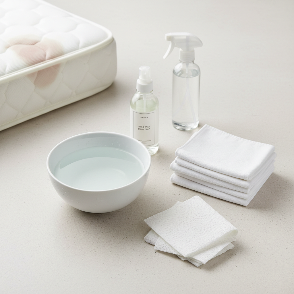 An organized flat lay composition on a light-colored, subtly textured surface, showcasing the essential tools and ingredients for blood stain removal from a mattress. Prominently feature a pristine white bowl filled with cool, clear water, with subtle condensation on the outside to indicate its temperature, next to a bottle of mild, clear dish soap. Several clean, neatly folded white microfibre cloths or paper towels are stacked nearby. A small, out-of-focus section of a mattress corner, with a faint, partially treated blood stain, is visible in the background, implying the context of use. Professional studio product photography style, bright and clean, with a shallow depth of field.