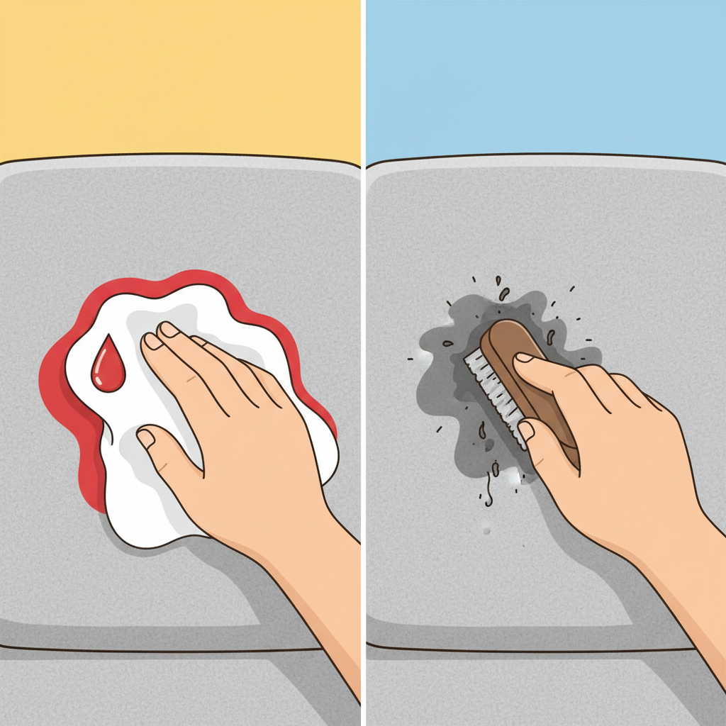 A vibrant, clean split illustration contrasting two scenarios on a modern fabric sofa. On the left side, a fresh, wet red blood droplet is being gently absorbed by a pristine white cloth held by a soft hand, conveying quick and easy removal. On the right side, a dark, crusty, deeply embedded dried blood stain is shown on the same sofa fabric, with a slightly frustrated or focused hand holding a small brush, emphasizing the stubbornness and difficulty of removal. The overall scene should be bright and optimistic despite the stains, rendered in a flat illustration style with clear separation between the two halves.