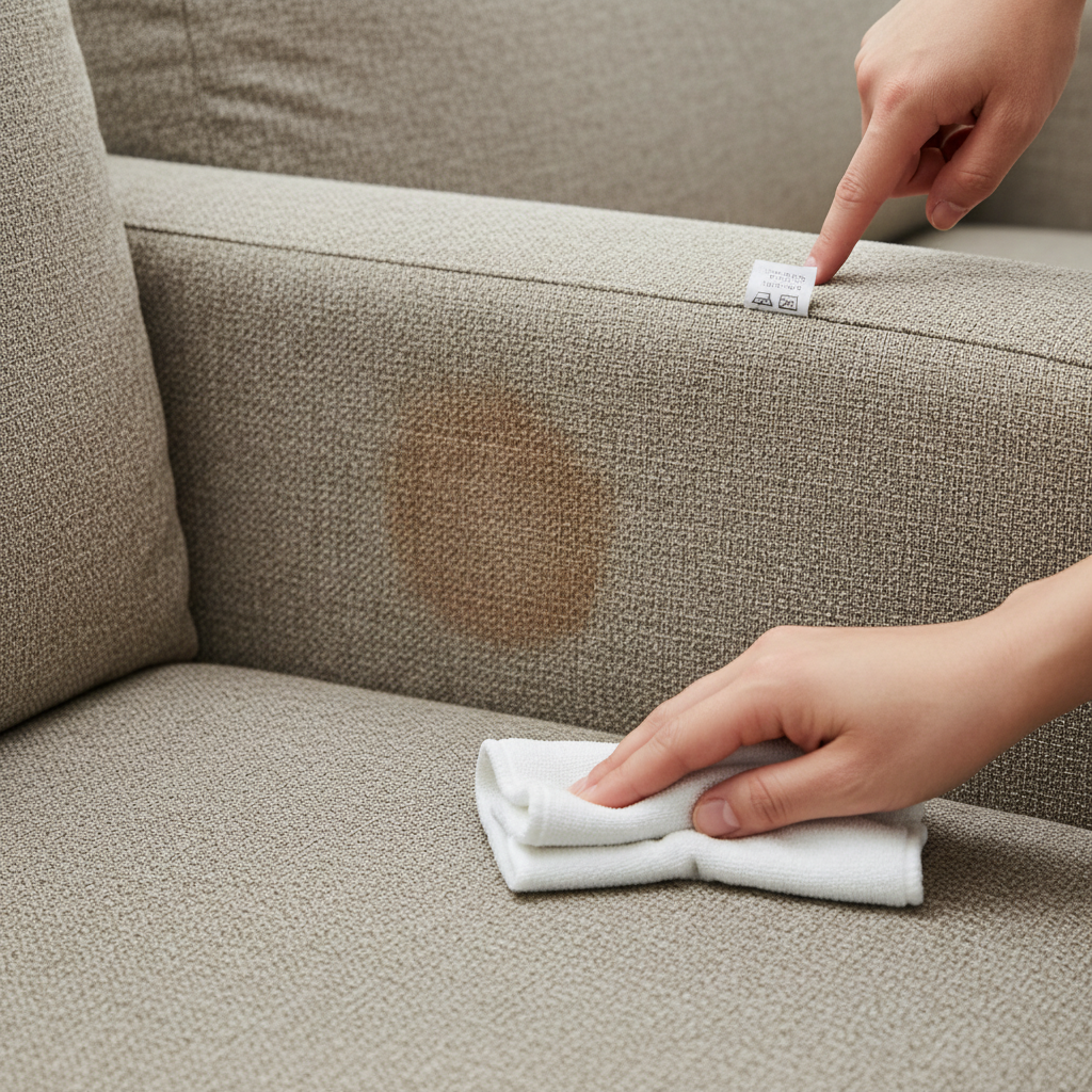 A professional, well-lit photo focusing on the preparation steps for cleaning a sofa. The central element is a close-up of a textured fabric sofa with a visible, dried bloodstain. In the foreground, a hand gently applies a clear liquid with a white cloth to an inconspicuous test spot on the sofa fabric, demonstrating the 'test first' principle. In the background, slightly out of focus, another hand points to a small care label stitched into the sofa, highlighting material identification. The scene conveys diligence and carefulness.