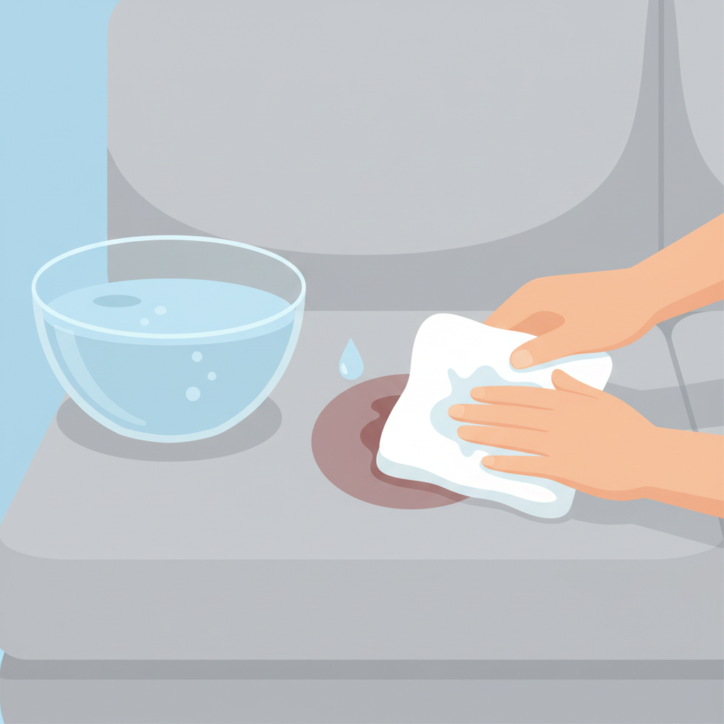 A clean, flat illustration depicting the cold water treatment method. The illustration shows a section of a fabric sofa with a subtle, dried bloodstain. A pair of hands, rendered in a simple, stylized manner, are gently dabbing the stain with a small, white, damp cloth. A clear glass bowl containing cold water is positioned nearby, indicating the source. The overall aesthetic should be calm and informative, using a limited color palette with soft blues, grays, and whites, emphasizing the careful, methodical cleaning process.