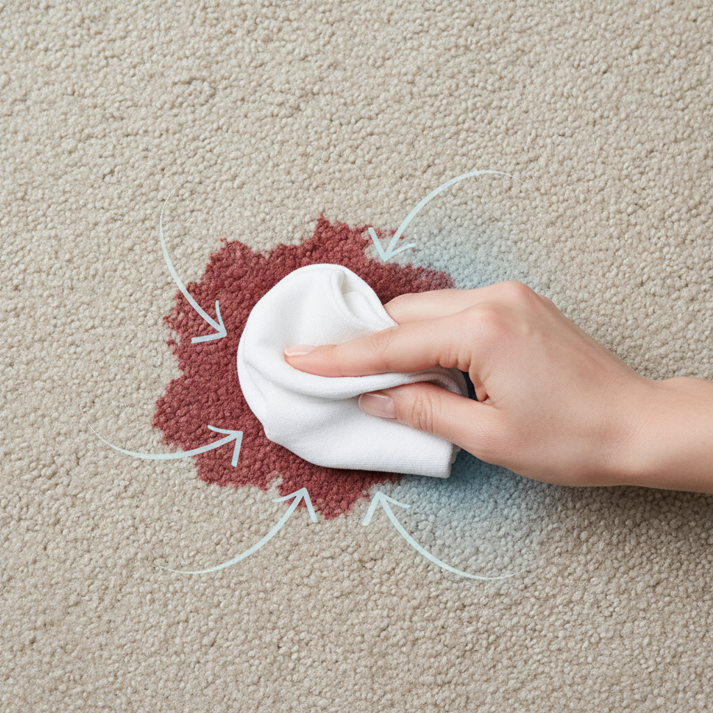 A close-up, top-down professional photo illustrating the correct immediate action for a fresh blood stain on a beige carpet. A clean hand, with neat fingernails, gently dabs a circular, slightly damp white cloth onto a fresh, medium-sized red blood stain. The cloth is subtly absorbing the blood, creating a slightly lighter red patch underneath. Small, subtle, light grey arrows radiate inwards from the edges of the cloth towards the center of the stain, visually emphasizing the gentle 'dabbing from outside to inside' technique. The carpet fibers are clearly visible and a subtle cool blue tint emanates from the cloth, implying cold water.