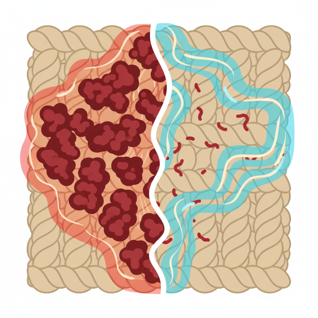 A clear, conceptual flat illustration depicting the microscopic interaction of blood proteins with different water temperatures within carpet fibers. On the left side, a magnified cross-section of carpet fibers shows red blood protein molecules tightly binding together and forming complex, solidified clumps, with subtle red-orange wavy lines suggesting the presence of heat. On the right side, the same carpet fibers show the red blood protein molecules more dispersed and individual, with cool blue wavy lines indicating the presence of cold water, making them appear easier to lift from the fibers. A subtle visual divider separates the two scenarios.