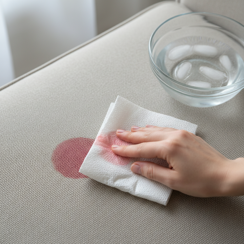A close-up, top-down view of a light-colored fabric sofa cushion with a fresh, small blood stain. A gender-neutral hand is gently dabbing the stain with a crisp white cloth or paper towel, revealing the blood visibly transferring onto the cloth. A clear glass bowl filled with cold water and a few ice cubes is subtly visible in the blurred background, emphasizing the use of cold water. The scene should convey a sense of gentle care, effectiveness, and quick action. Professional photo style with soft, natural lighting.