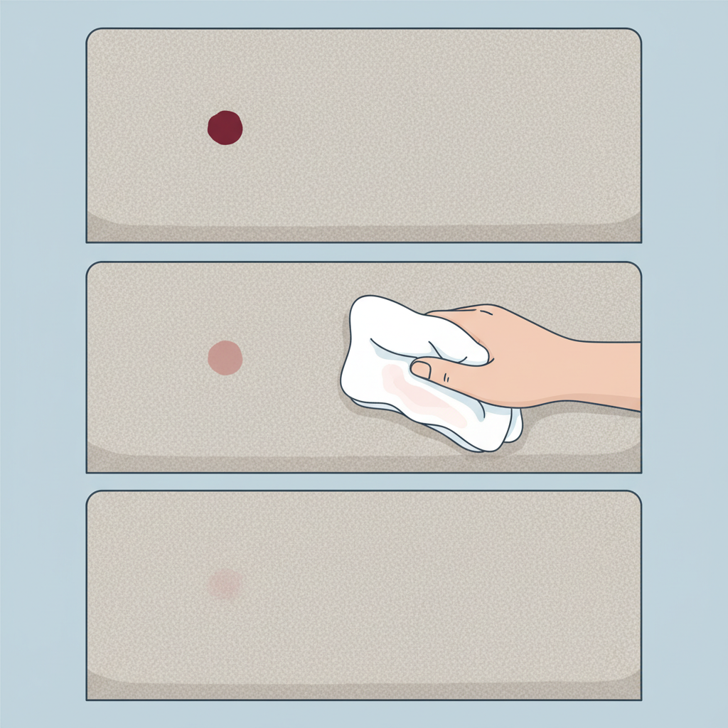 A stylized illustration depicting the key initial steps for removing a fresh blood stain from a sofa. The image should feature a sequence of actions: first, a fresh, small blood stain appearing on a fabric sofa surface. Second, a hand gently dabbing the stain with a clean, white cloth moistened with cold water. Third, the stain appearing significantly lighter or almost completely removed from the fabric. The overall visual flow should clearly communicate the importance of swift, gentle action with cold water. Flat illustration style with clean lines, a simple color palette, and a focus on clarity.