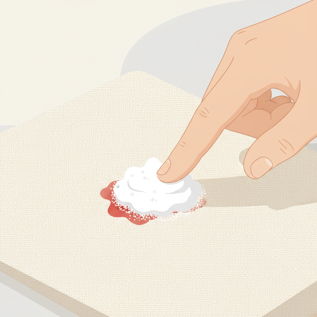 An illustrative, clean flat illustration showcasing a detailed close-up of a fabric surface. On the fabric, there is a distinct, small red bloodstain, indicating the challenge. A hand, depicted simply and clearly, is carefully applying a dollop of a white, pasty substance (like a salt or baking soda paste) directly onto the bloodstain. The texture of the fabric is subtly visible, and the paste gently covers the stain. The background is minimalistic, focusing entirely on the fabric and the application process, conveying a sense of simple, effective home remedy.