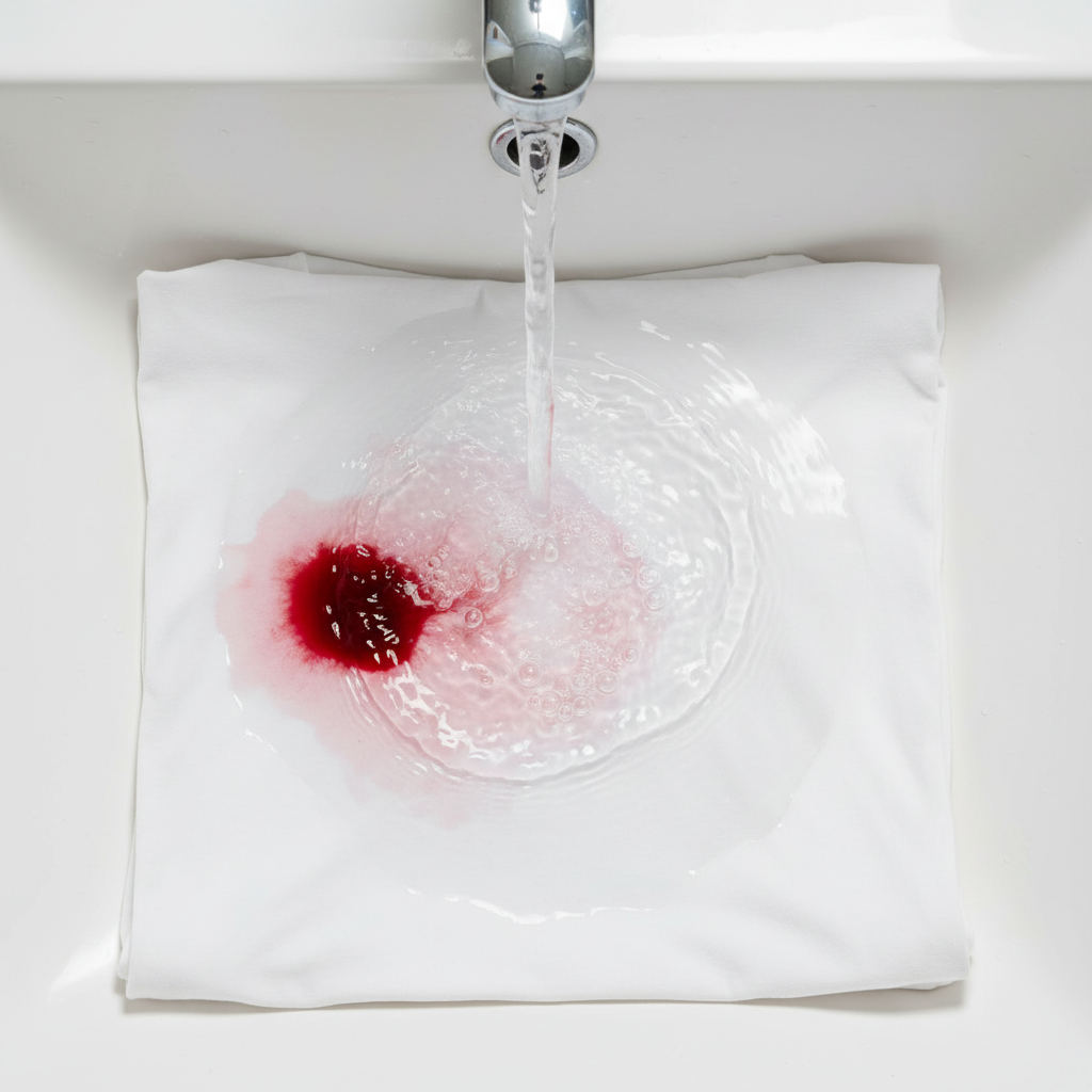 A close-up, high-angle shot of a white cotton t-shirt with a small, fresh crimson blood stain. A strong, clear stream of cold water is actively cascading onto the stain, causing it to visibly dilute and begin to wash away into a pristine, white porcelain sink basin. Droplets of water are splashing gently, emphasizing the immediate action. The focus is on the effectiveness of cold water, showcasing the stain's regression. The scene should feel clean and urgent. Professional photo style, bright and natural lighting.