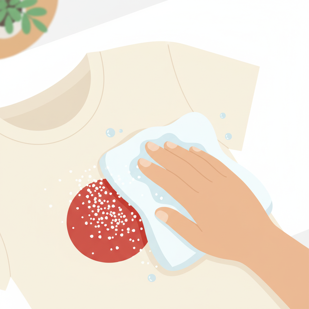 A detailed flat illustration depicting the process of a home remedy for blood stain removal. A section of a light-colored fabric, reminiscent of a t-shirt, features a small, round red blood stain. Over the stain, white salt crystals are sprinkled. Next to it, a subtle, gender-neutral hand (only partially visible) gently pats or dabs the area with a small, damp, clean cloth, implying gentle agitation with cold water and salt. The background is simple and clean, suggesting a domestic setting. The overall aesthetic should be clear, instructive, and calming.