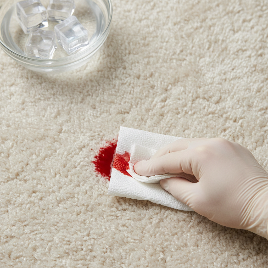 A top-down professional photo showing a human hand (perhaps wearing a light glove for cleanliness) gently dabbing a small, fresh red blood stain on a plush, light-colored carpet. The hand holds a pristine white paper towel or cleaning cloth, absorbing the blood from the stain's edge towards the center. In the background, slightly out of focus, a clear glass bowl or bucket filled with cold water and ice cubes is visible, emphasizing the 'cold water' aspect. The scene conveys urgency, precision, and cleanliness, highlighting the first step of quick action to remove a fresh stain.