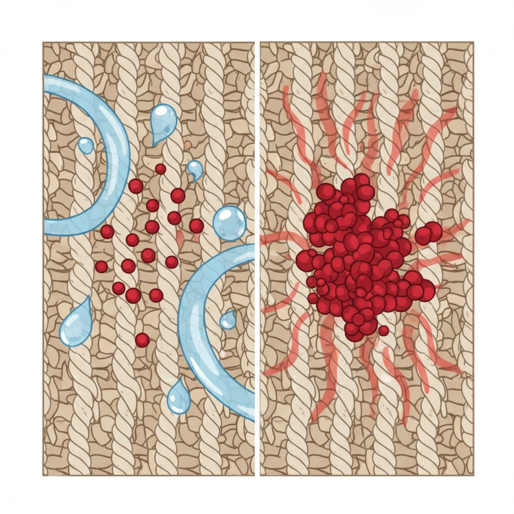 A stylized, clean infographic-style illustration depicting a microscopic view of carpet fibers interacting with blood. The image is conceptually divided into two halves. On one side, flowing blue droplets (representing cold water) gently surround and separate small, dispersed red blood protein particles within the beige carpet fibers, showing effective cleaning. On the other side, wavy red lines or steam (representing hot water) surround the carpet fibers, causing the red blood protein particles to clump together and bind tightly to the fibers, illustrating the solidification of the stain. The contrast clearly visualizes why cold water is crucial and hot water should be avoided.