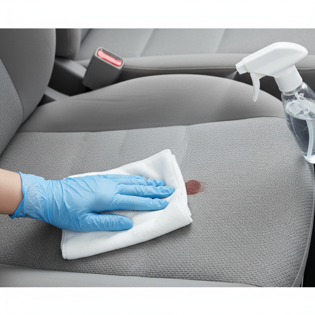 A close-up, top-down view inside a car cabin, focusing on a small, fresh bloodstain on a light-colored fabric car seat. A hand, wearing a disposable glove, is gently dabbing the fresh stain with a clean, white microfiber cloth. A clear spray bottle, filled with a transparent liquid (representing cold water solution), is partially visible next to the hand on the seat. The scene conveys immediate, careful action in a clean and practical manner. Style: Professional, clean product photography with a slightly shallow depth of field, emphasizing the action.