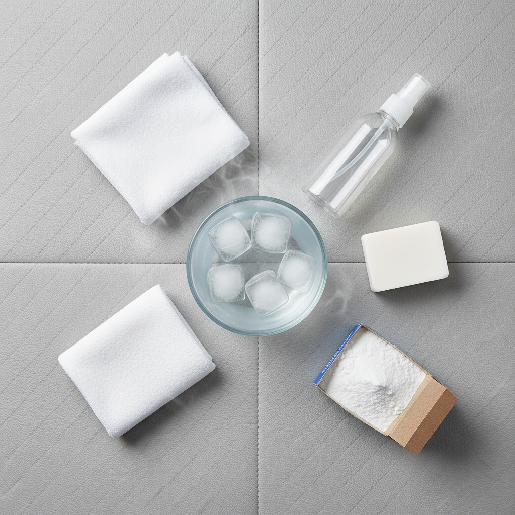 A brightly lit flat lay composition showcasing the essential items for bloodstain removal from car upholstery. Centered is a small, clear glass bowl filled with cold water and a few ice cubes, subtly indicating 'cold'. Around it, neatly arranged, are: a stack of clean, white microfiber cloths, a clear spray bottle, a small container of mild liquid detergent or a bar of gall soap, and a small box of baking soda. The composition is tidy and organized, highlighting preparedness. Style: Bright, crisp flat lay photography with a clean, minimalist aesthetic.