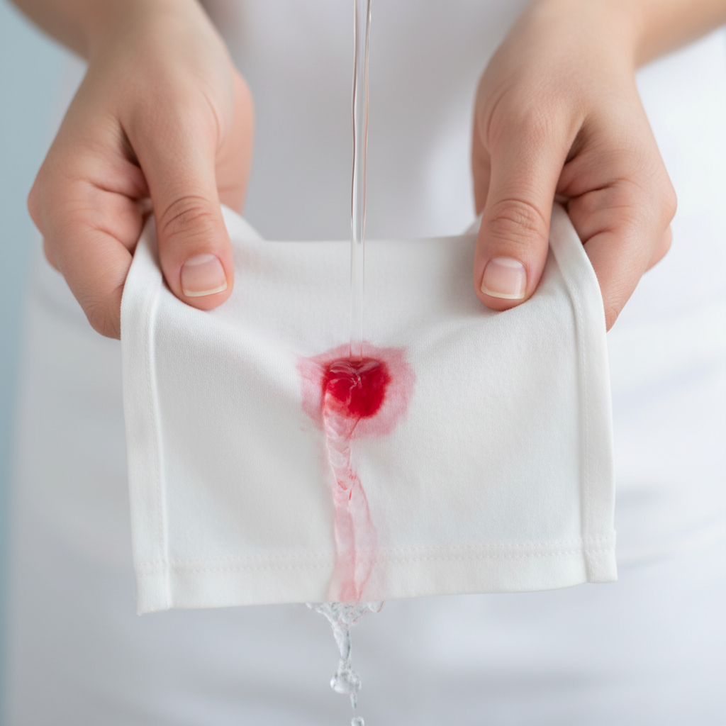 A close-up, professional photograph of hands gently holding a piece of white cotton fabric with a small, fresh blood stain. A steady, thin stream of cold water is actively running directly onto the stain, causing the red color to visibly spread and dilute into the water as it passes through the fabric. The hands are positioned from behind the fabric, demonstrating the technique of flushing from the reverse side. The background is softly blurred, keeping the focus entirely on the hands, fabric, water, and the dissolving stain. The overall mood is practical, clean, and instructional, emphasizing immediate cold-water treatment.
