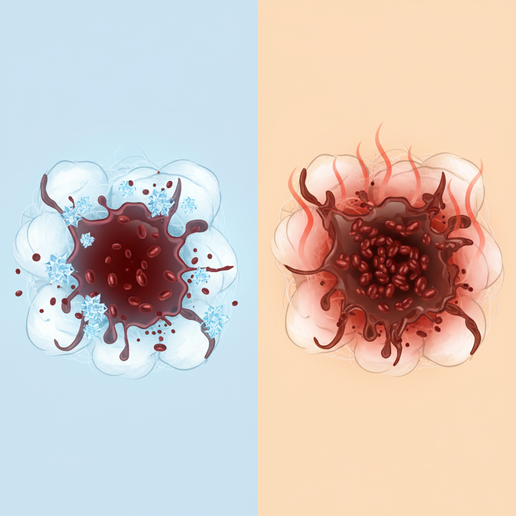An infographic-style illustration contrasting the effects of cold and heat on a blood stain within cotton fibers. On the left side, depict a stylized, microscopic view of loose cotton fibers with a fresh blood stain, accompanied by visual cues of coldness, such as faint ice crystals or a cool blue aura. The blood particles should appear slightly dispersed or unbound from the fibers. On the right side, show the same cotton fibers with a blood stain, but here the blood particles are visually fixed, tightly bound, or 'cooked' into the fibers, with warm-toned visual cues like subtle heat waves or a reddish glow. The illustration should be clean and conceptually clear.