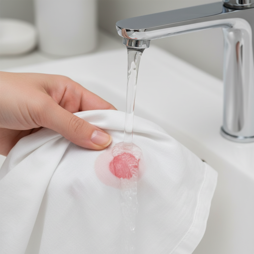 A close-up, professional photo showing a hand gently holding a piece of white bed linen with a fresh, small bloodstain on it, positioned directly under a stream of cold, clear water from a faucet. The water is actively hitting the reverse side of the fabric, pushing the red stain out from the fibers. The scene emphasizes the immediate action and the purity of the cold water against the stubborn stain, conveying a sense of urgency and effectiveness. The background is softly blurred, suggesting a clean bathroom or utility sink area.