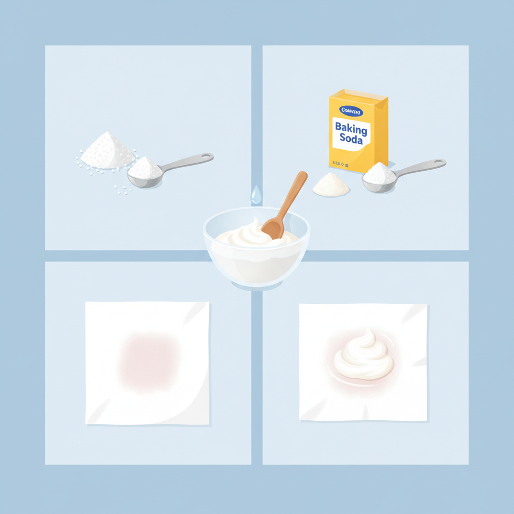 An infographic-style illustration depicting the use of household remedies for bloodstains. The image is divided into a clean, sequential layout. One section shows a small mound of white salt next to a measuring spoon. Another section features a box of baking soda next to a similar small mound. A central part illustrates a small mixing bowl with a thick, white paste being prepared, perhaps with a drop of water. Finally, a portion of white fabric with a faded pinkish stain has a dollop of this paste gently applied onto it, ready to work. The aesthetic is clean, bright, and easy to understand, emphasizing the gentle, natural solutions.