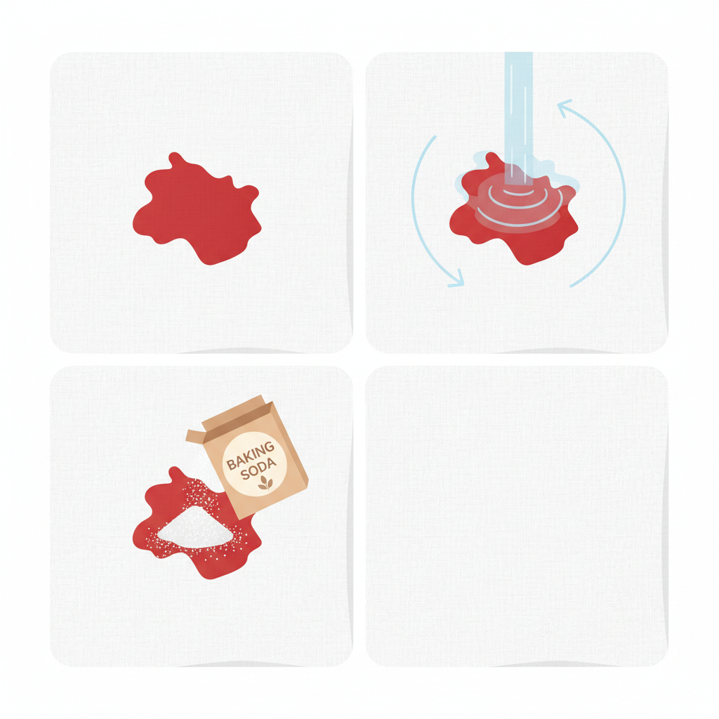 A clean, multi-panel flat illustration depicting the effective steps for removing a bloodstain from fabric. The first panel shows a distinct red bloodstain on a section of white bed linen. The second panel illustrates cold water flowing over the stain, with subtle circular arrows indicating the rinsing action. The third panel features a simplified graphic of a home remedy element, like a small container of baking soda or salt, applied onto the pre-treated stained fabric. The final panel displays the same section of bed linen, now completely clean and spotless.