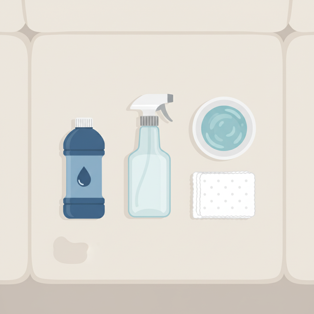 A top-down, clean flat illustration showing an organized collection of cleaning supplies on a light-colored couch cushion. Items include a clear spray bottle, a small bowl filled with cold water, a stack of crisp white cloths or paper towels, and a generic bottle representing a cleaning agent. A small, barely visible wet patch on an inconspicuous part of the couch cushion suggests a test spot. The overall aesthetic is neat, systematic, and ready for action, emphasizing preparation and material gathering before cleaning. Soft, even lighting.