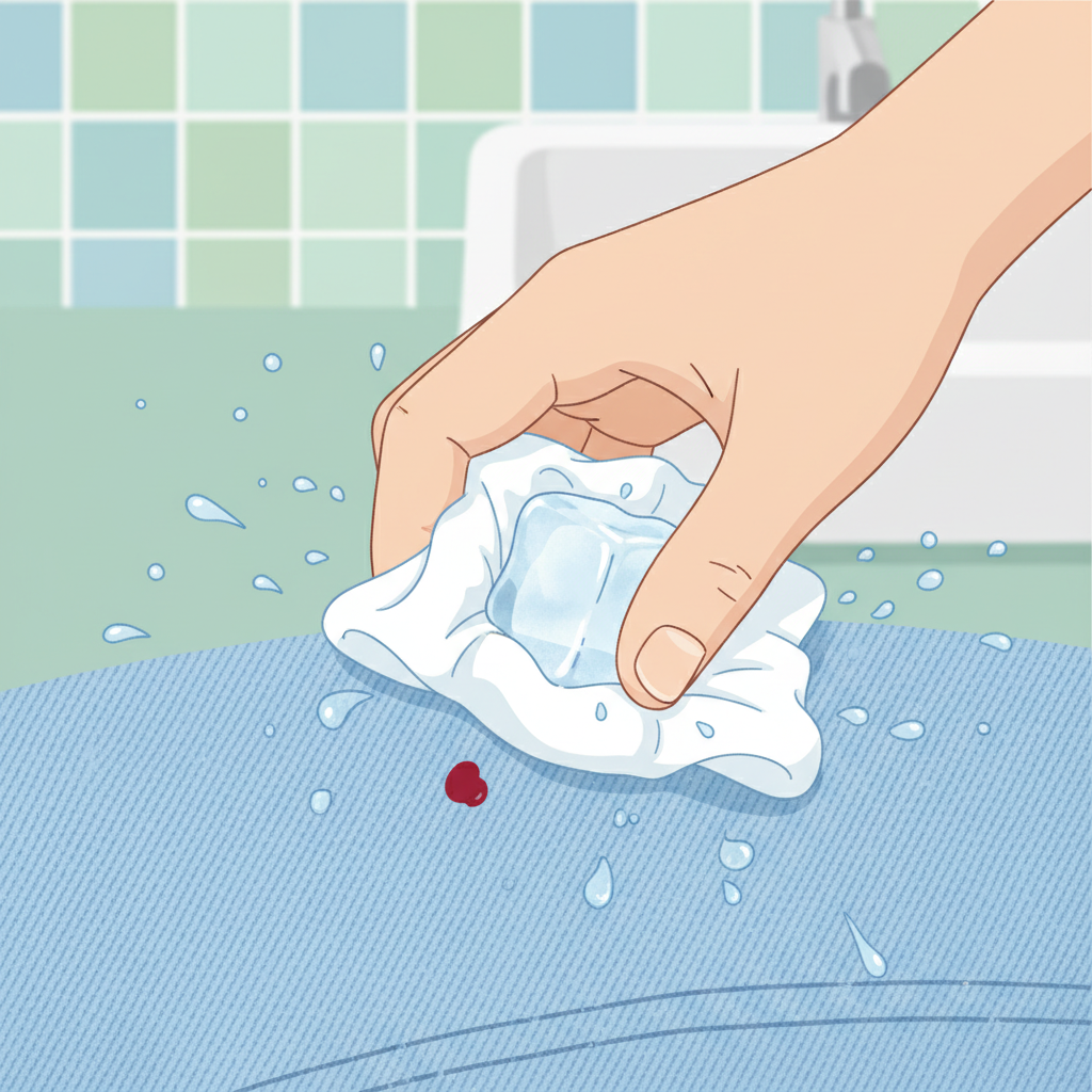 A close-up, dynamic flat illustration showing a hand gently dabbing a fresh, small bloodstain on light-colored denim pants with a piece of ice or a cold, damp cloth. Water droplets are visible around the stain, emphasizing the use of cold water. The fabric fibers of the denim are slightly visible, adding texture. The background is soft and slightly blurred, suggesting a domestic setting like a laundry room or bathroom. The overall mood is helpful and clean, focusing on immediate action and care.