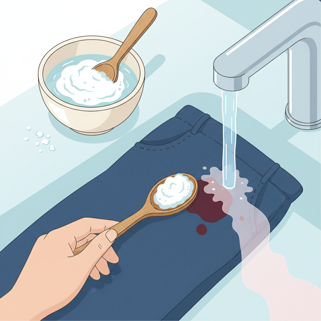 A clean and crisp infographic style illustration depicting the 'salt and cold water' method for stain removal. On the left, a small ceramic bowl contains a paste made of white salt and clear water, with a wooden spoon resting nearby. In the center, a section of dark fabric (like a trouser leg) has a bloodstain, and a hand is gently spreading the salt paste onto it. On the right, a stream of cold water flows from a chrome tap, rinsing the treated fabric area. The color palette uses fresh blues, whites, and natural tones to convey cleanliness and effectiveness.