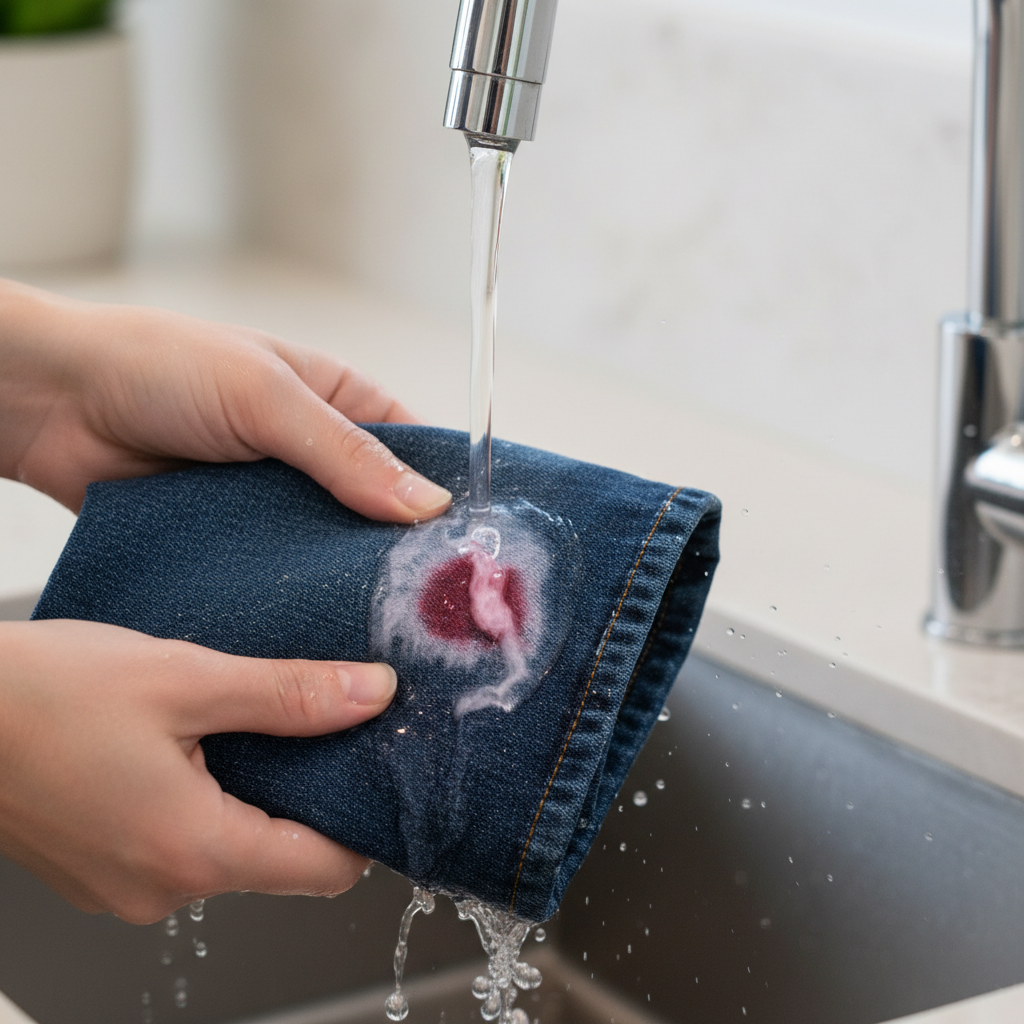 A close-up, professional photo of hands gently holding a section of dark blue denim jeans under a gentle stream of cold water from a modern kitchen faucet. A fresh, small red bloodstain on the fabric is visibly diluting and starting to wash away. Water droplets are captured in motion around the fabric, conveying the immediate rinsing action. The background is softly blurred, focusing entirely on the process of using cold water to treat the stain quickly.