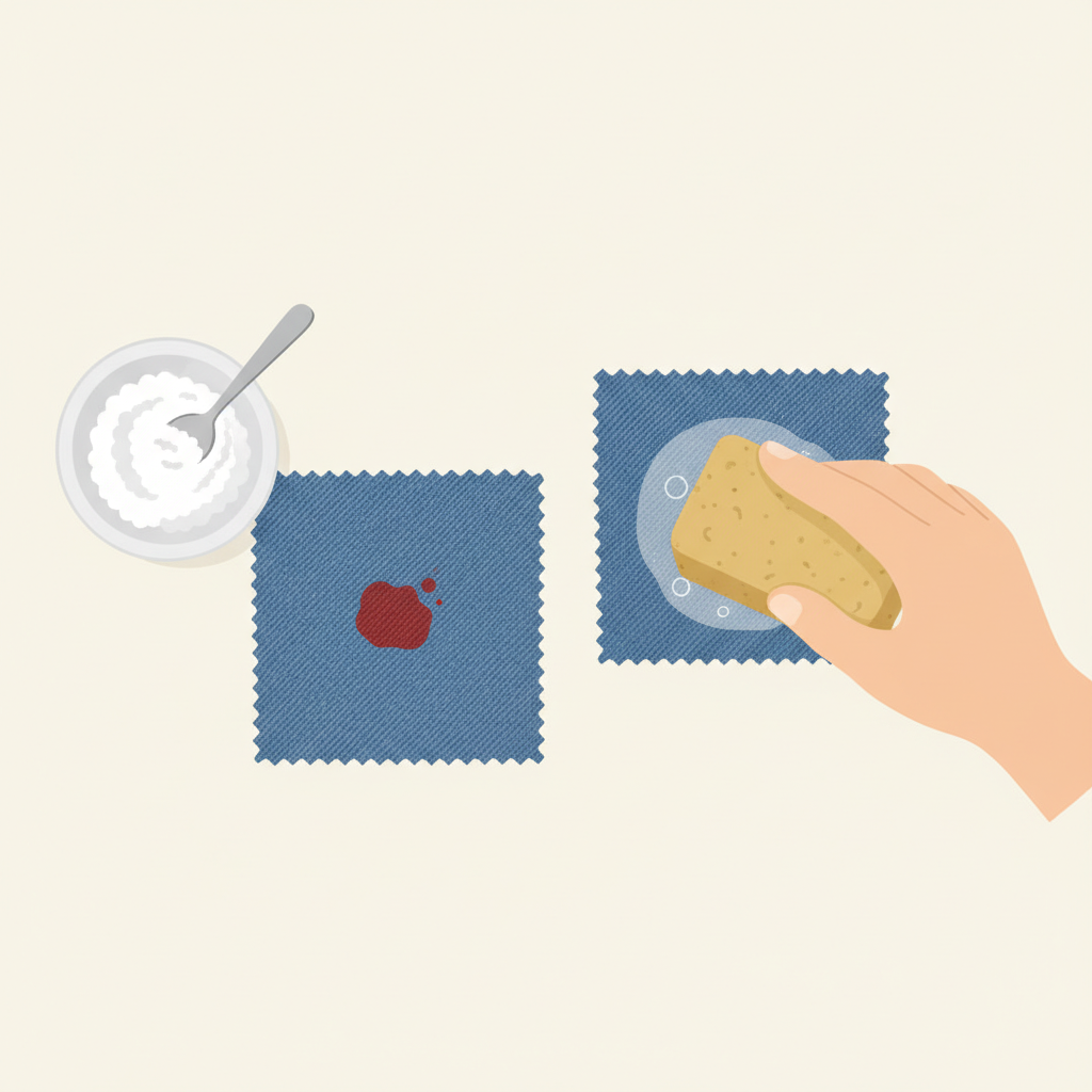 A clean, multi-panel flat illustration showcasing two distinct household methods for treating bloodstains on denim. The first panel depicts a small ceramic bowl containing a white, grainy paste (representing a salt and water mixture) with a spoon, next to a swatch of blue denim featuring a small red bloodstain. The second panel illustrates a bar of light yellow-brown soap (representing Gallseife) gently being rubbed directly onto another identical stained denim swatch. The background is minimalistic and light-colored, emphasizing the cleaning elements in a clear, infographic style.