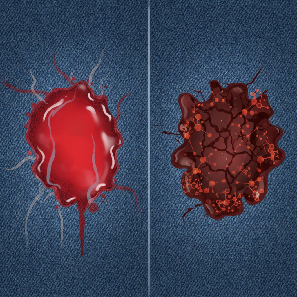 A clean, infographic-style illustration contrasting fresh versus dried bloodstains on blue denim fabric. The left side shows a vibrant red, fresh bloodstain, appearing light and easily removable, perhaps with subtle visual cues of diluting. The right side displays a darker, more solidified bloodstain, deeply embedded in the denim fibers, with abstract, microscopic elements visually representing 'fixed proteins' or 'heat-set' to convey its stubborn, challenging nature. The color palette should be professional and clear.
