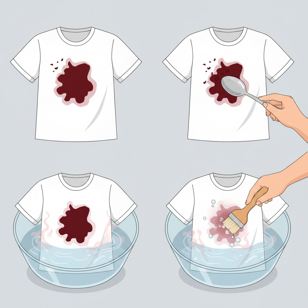 A series of four sequential, clean flat illustrations depicting the process of removing a dried bloodstain from light-colored fabric. The first image shows a distinct, dark red dried bloodstain on a white t-shirt. The second shows a hand gently scraping away dried particles from the stain using a dull spoon. The third illustrates the stained fabric submerged in a clear basin of cold water, with subtle visual cues of the stain beginning to loosen. The final image shows a soft-bristled brush gently working a small amount of clear liquid into the remaining stain on the wet fabric, symbolizing spot treatment. Focus on clear, easy-to-understand actions.