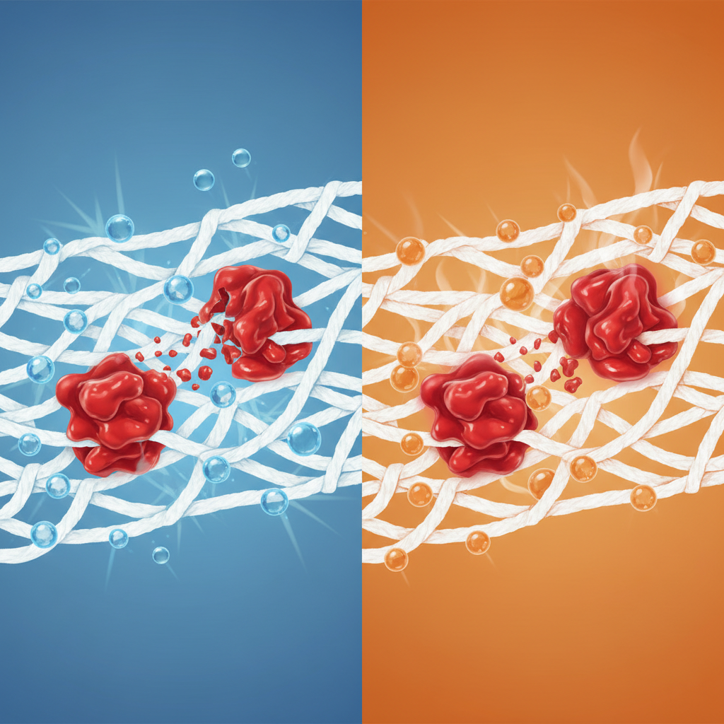 A split-panel scientific infographic illustration contrasting the effects of cold versus hot water on a bloodstain at a microscopic level. The left panel depicts blood proteins (represented as red, irregular shapes) on fabric fibers (interwoven threads) beginning to detach or loosen as blue, cool-toned water molecules actively surround them. The right panel shows the same blood proteins on fabric fibers, but they appear to be shrinking, solidifying, or bonding more tightly to the fibers as orange, warm-toned water molecules envelop them, with subtle visual cues like steam or increased density around the proteins. The overall style should be clear, educational, and visually distinct between the two conditions, relying purely on color and visual metaphor.