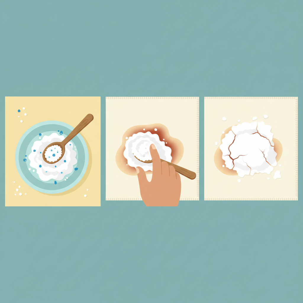A vibrant, flat illustration depicting a three-step process for applying salt paste to a blood stain. The first panel shows a small bowl with white salt and a few drops of water being mixed with a spoon to form a thick paste. The second panel illustrates a hand gently dabbing or spreading this paste onto a visible, dried blood stain on a light-colored fabric surface. The third panel shows the fabric with the paste dried onto the stain, hinting at its absorbent action. The overall style is clean and informative, suitable for a DIY guide.