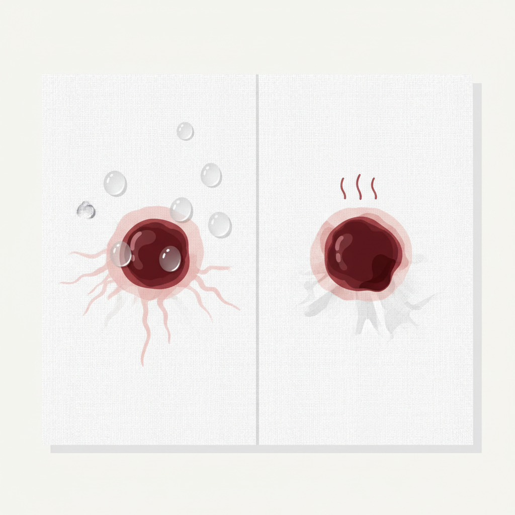 A clean, diagrammatic flat illustration showing a close-up of a white fabric surface. On the left side, a small, fresh blood stain is being gently rinsed or dabbed with cool, clear water droplets, visually indicating the stain becoming lighter and dissolving. On the right side of the same fabric, a similar fresh blood stain is depicted with subtle wavy lines or a subtle heat icon above it, showing the stain appearing darker and more deeply embedded into the fabric fibers, emphasizing the fixing effect of heat. The illustration should clearly differentiate the positive effect of cold water from the negative effect of heat on the stain, without any explicit text or symbols that imply temperature directly other than visual cues.