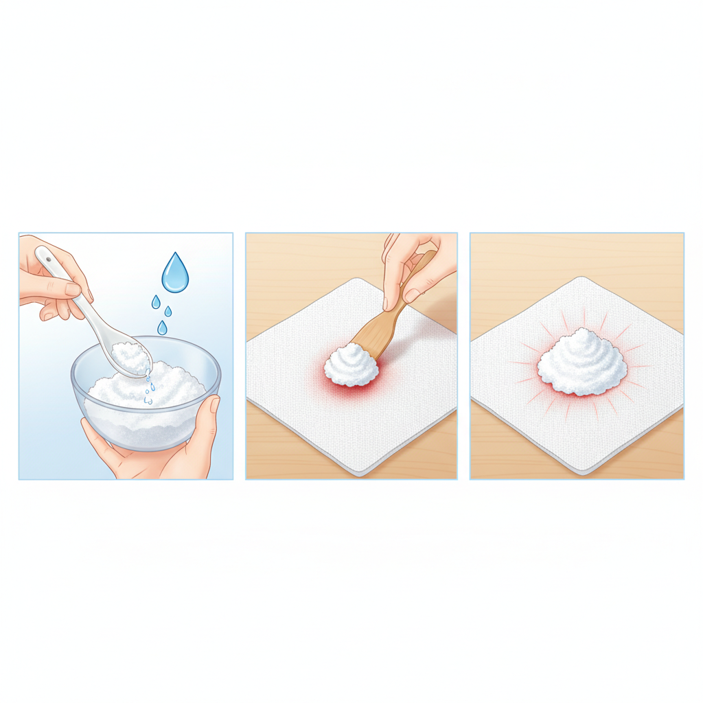 A bright, semi-realistic illustration depicting a multi-step process for removing a fresh blood stain from a white fabric. The scene features a pair of clean hands performing the actions. First, hands are shown mixing a bowl of white salt with a few drops of cold water to form a thick paste. Second, the paste is carefully applied with a fingertip or small spatula onto a small, fresh blood stain on a section of white fabric. Third, the paste is shown sitting on the stain, with a subtle visual cue of the stain being absorbed or lifted into the paste, preparing for removal. The overall aesthetic should be clean, practical, and easy to understand.