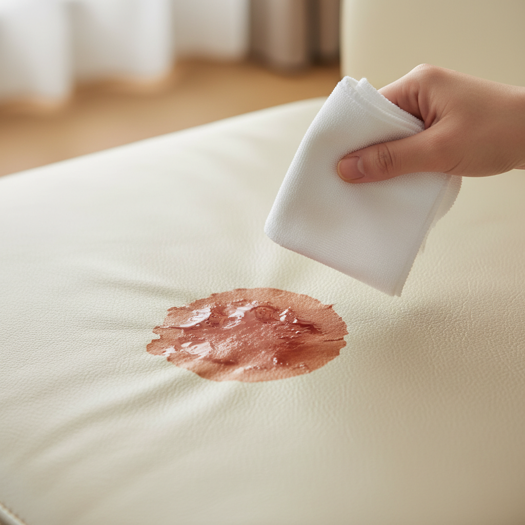 A close-up, slightly elevated shot of a distinct, moderately sized bloodstain on a light-colored, smooth leather surface, such as a sofa cushion or a piece of furniture. The bloodstain is clearly visible but not overly graphic, showing its problematic nature on leather. A clean, white cloth or sponge is poised gently above the stain, suggesting the immediate and careful first step of removal. The background should be softly blurred, focusing entirely on the leather, the stain, and the cleaning tool. Style: Clean, professional product photography with natural light and a slightly warm, reassuring tone.